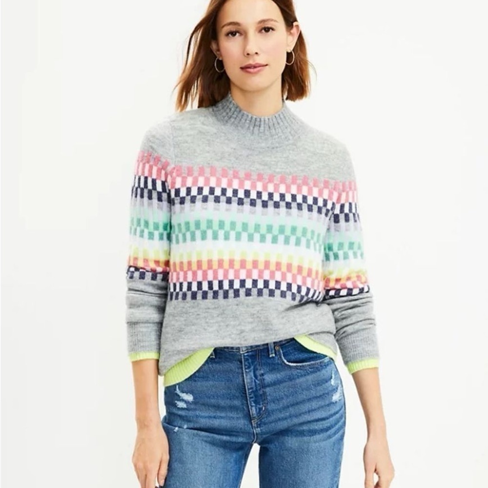 Loft Checkered Multicolored Geo Mock Neck Soft Knit Sweater Size XS